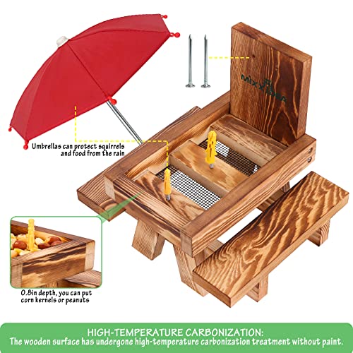 MIXXIDEA Wooden Squirrel Feeder Table with Umbrella, Squirrel Picnic Table for Outside, Brown Squirrel Feeder with Corn Cob Holder Cute Chipmunk Feeder (Red Umbrella)