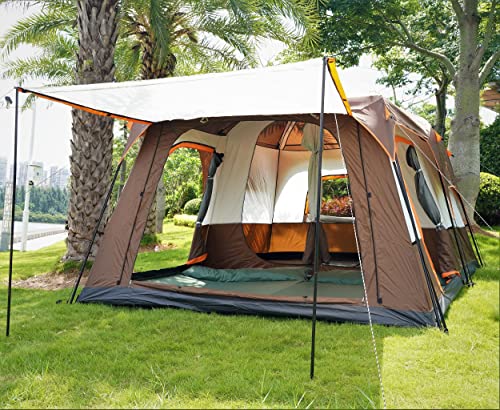 KTT Extra Large Tent 12 Person(A),Family Cabin Tents,2 Rooms,3 Doors and 3 Windows with Mesh,Straight Wall,Waterproof,Double Layer,Big Tent for Outdoor,Picnic,Camping,Family GatheringBrown