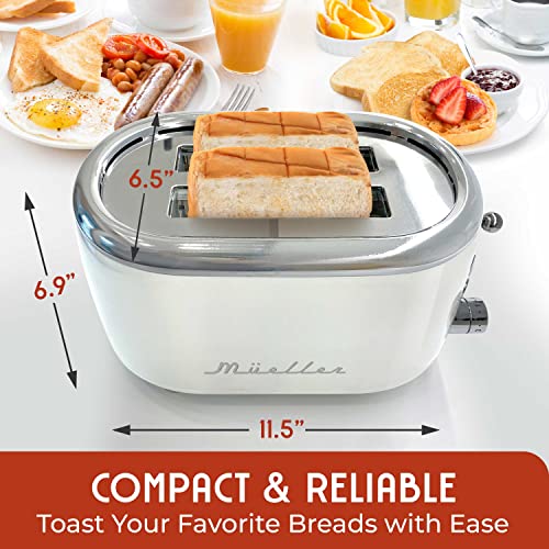 Mueller Retro Toaster 2 Slice with 7 Browning Levels and 3 Functions: Reheat, Defrost & Cancel, Stainless Steel Features, Removable Crumb Tray, Under Base Cord Storage, White