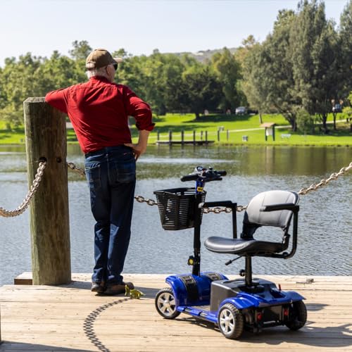 Mobility Scooter for Adults, Senior, Skmc 4 Wheels Electric Powered Chargeable Device for Travel, Lightweight and Portable, with LED Headlights and Basket, Charger Included, Red/Blue (Red)