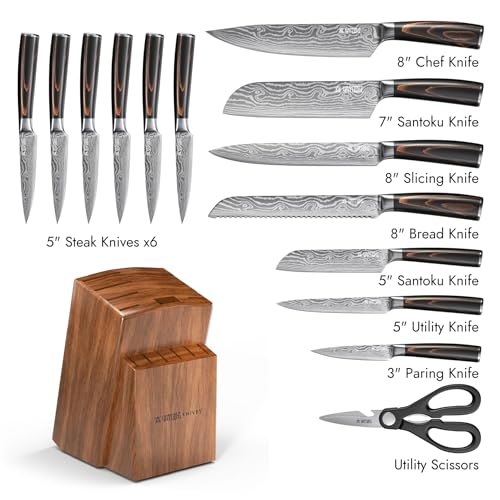 Yatoshi 13 Knife Block Set - Pro Kitchen Knife Set Ultra Sharp High Carbon Stainless Steel with Ergonomic Handle