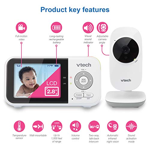 VTech VM819 Baby Monitor, 2.8” Screen, Night Vision, 2-Way Audio, Temperature Sensor and Lullabies, Secure Transmission No WiFi