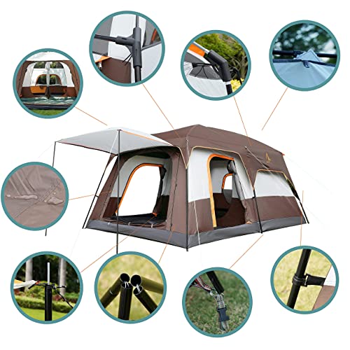 KTT Extra Large Tent 12 Person(A),Family Cabin Tents,2 Rooms,3 Doors and 3 Windows with Mesh,Straight Wall,Waterproof,Double Layer,Big Tent for Outdoor,Picnic,Camping,Family GatheringBrown