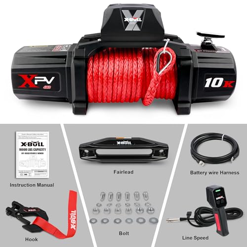 X-BULL Winch-10000 lb. Load Capacity Electric Winch Kit -12V Synthetic Rope Winch,Waterproof IP67 Electric Winch with Hawse Fairlead, with Wireless Handheld Remote and Corded Control Recovery