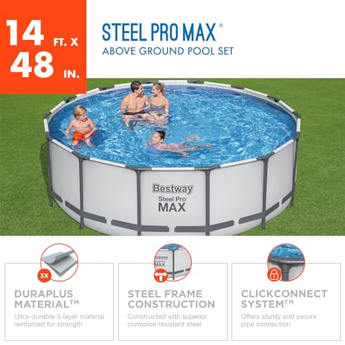 Bestway Steel Pro MAX 14 Foot x 48 Inch Round Metal Frame above Ground Outdoor Swimming Pool Set with 1,000 Filter Pump, Ladder, and Cover, Gray