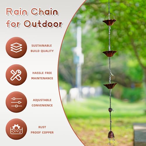 Qipade 10FT Lotus Rain Chain, Rain Chains for Gutters with 12 Cups, Adjustable Rain Catcher Chain with Bell for Eaves Drainage, Replacement for Downspout