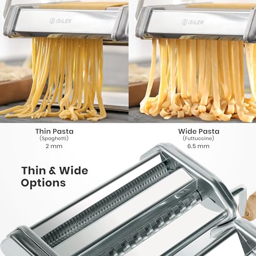 Pasta Machine, ISILER 9 Adjustable Thickness Settings Pasta Maker, 150 Roller Noodles Maker with Aluminum Alloy Rollers and Cutter for Pasta, Spaghetti, Fettuccini, Lasagna