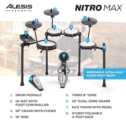 Alesis Nitro Max Kit Electric Drum Set with Quiet Mesh Pads, 10" Dual Zone Snare, Bluetooth, 440+ Authentic Sounds, Drumeo, USB MIDI, Kick Pedal