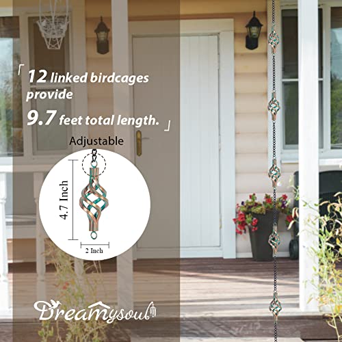 dreamysoul 9.7FT Rain Chain, Iron Rain Chain for Gutters, Bronze Bird Cage Decorative Rain Chains for Downspouts Adjustable Length