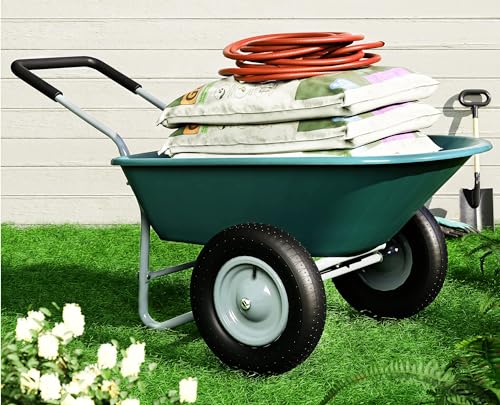 2 Wheel Wheelbarrow, 330 Pounds Capacity Yard Cart with Padded Handlebar, 14 Inch Pneumatic Tires for High Stability, Ideal for Moving Soil, Plant Shrub, Gardening Tool, Easy Assembly