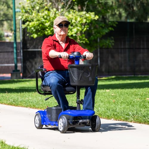 Mobility Scooter for Adults, Senior, Skmc 4 Wheels Electric Powered Chargeable Device for Travel, Lightweight and Portable, with LED Headlights and Basket, Charger Included, Red/Blue (Red)