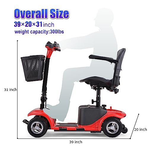 Mobility Scooter for Adults, Senior, Skmc 4 Wheels Electric Powered Chargeable Device for Travel, Lightweight and Portable, with LED Headlights and Basket, Charger Included, Red/Blue (Red)