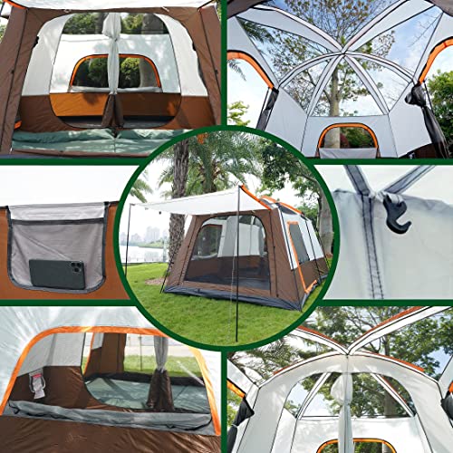 KTT Extra Large Tent 12 Person(A),Family Cabin Tents,2 Rooms,3 Doors and 3 Windows with Mesh,Straight Wall,Waterproof,Double Layer,Big Tent for Outdoor,Picnic,Camping,Family GatheringBrown