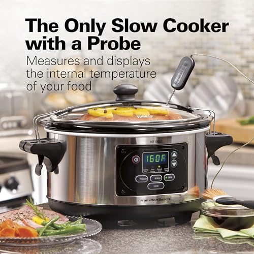 Hamilton Beach Portable 6 Quart Set & Forget Digital Programmable Slow Cooker Lock, Dishwasher Safe Crock & Lid, Temperature Probe, Stainless Steel