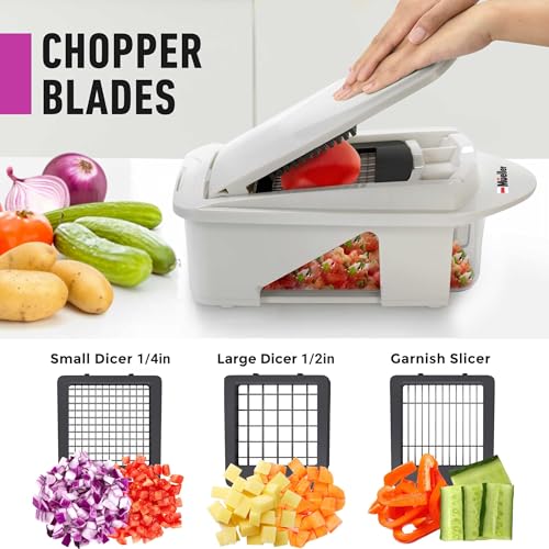 Mueller Pro-Series All-in-One, 12 Blade Mandoline Slicer for Kitchen, Food Chopper, Vegetable Slicer and Spiralizer, Cutter, Dicer, Grater, Kitchen Gadgets Sets with Container, White Sand/Dark Grey