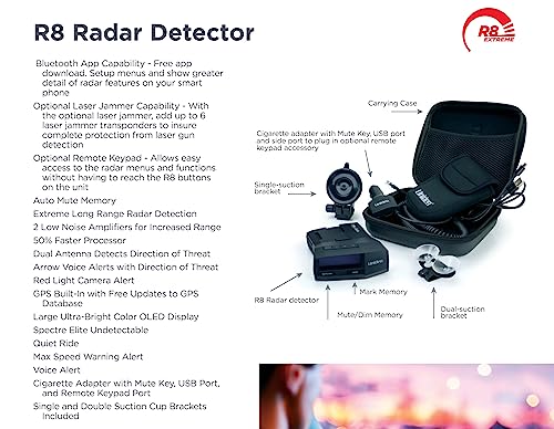 UNIDEN R8 Extreme Long-Range Radar/Laser Detector, Dual-Antennas Front & Rear Detection w/Directional Arrows, Built-in GPS w/Real-Time Alerts, Voice Alerts, Red Light Camera and Speed Camera Alerts