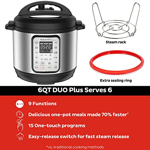 Instant Pot Duo Plus 9-in-1 Electric Pressure Cooker, Slow Cooker, Rice Cooker, Steamer, Sauté, Yogurt Maker, Warmer & Sterilizer, Includes App With Over 800 Recipes, Stainless Steel, 6 Quart