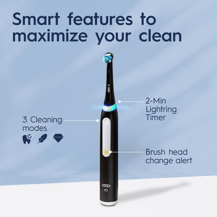 Oral-B iO Deep Clean Rechargeable Electric Powered Toothbrush, Black with 2 Brush Heads, Travel Case, and Holder - Visible Pressure Sensor to Protect Gums - 3 Cleaning Settings - 2 Minute Timer