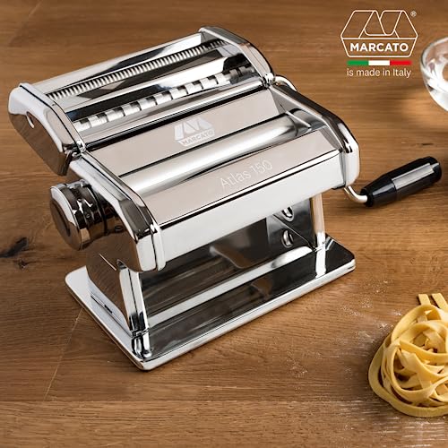 MARCATO Made in Italy Atlas 150 Classic Manual Pasta Maker Machine, Chrome Steel. Makes Lasagna, Fettuccine & Tagliolini .