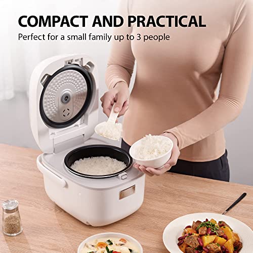 TOSHIBA Rice Cooker Small 3 Cup Uncooked – LCD Display with 8 Cooking Functions, Fuzzy Logic Technology, 24-Hr Delay Timer and Auto Keep Warm, Non-Stick Inner Pot, White