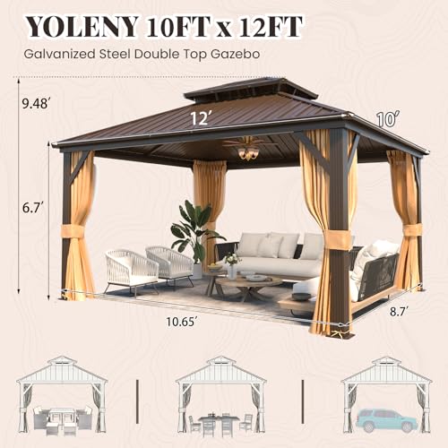 YOLENY 10' x 12' Hardtop Gazebo, Metal Gazebo with Aluminum Frame, Double Galvanized Steel Roof, Curtains and Netting Included, Pergolas for Patios, Garden, Parties, Lawns