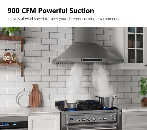 IKTCH 36-inch Wall Mount Range Hood 900 CFM Ducted/Ductless Convertible, Kitchen Chimney Vent Stainless Steel with Gesture Sensing & Touch Control Switch Panel, 2 Pcs Adjustable Lights(IKP02-36'')