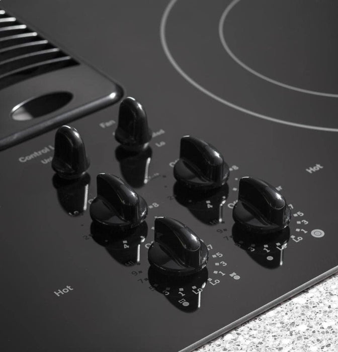 GE PP9830DJBB Profile Series Electric Cooktop with 4 Burners and 3-Speed Downdraft Exhaust System, 30", Black