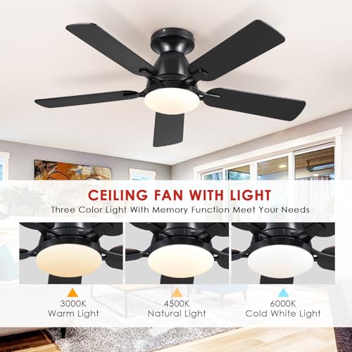 Ceiling Fans with Lights- 46" Low Profile Indoor Ceiling Fan with Light and Remote/APP Control, Flush Mount, LED Dimmable DC Reversible Modern Ceiling Fan for Bedroom（Black）