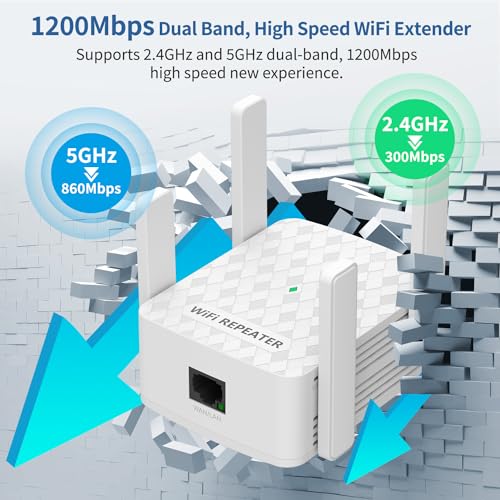 WiFi Extender Signal Booster, Internet Wireless Repeater for Home Coverage up to 10000sq.ft and 35 Devices, 1200Mbps WiFi Booster with Ethernet Port, Dual Band 2.4G/5G, 4 Antennas