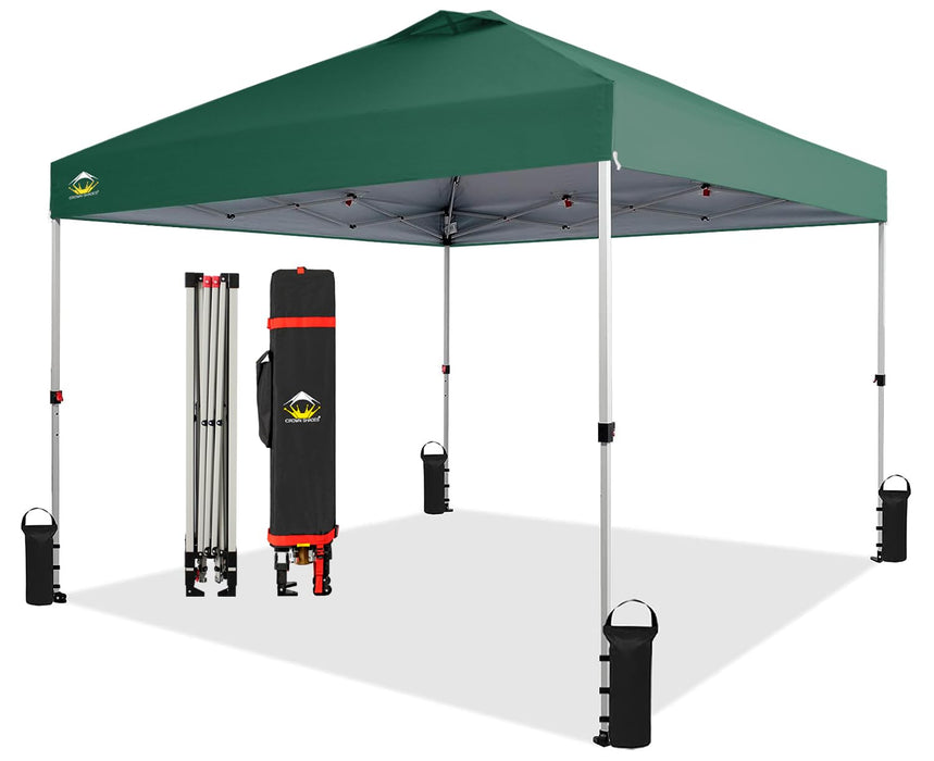 Crown Shades 10x10 Pop up Canopy Tent, Patented One Push Pop Up Tent with Wheeled Carry Bag, Bonus 8 Stakes and 4 Ropes, Forest Green