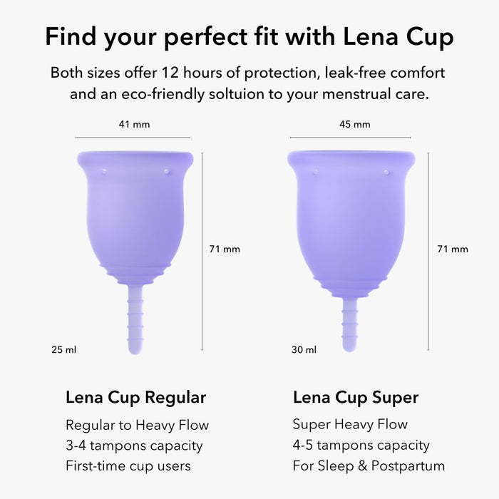 Lena Menstrual Cup - Reusable, Soft Silicone, Light & Heavy Flow, Beginner Use - Ideal Alternative to Tampons, Pads, Period Underwear - Period Solution - Super Capacity - Purple