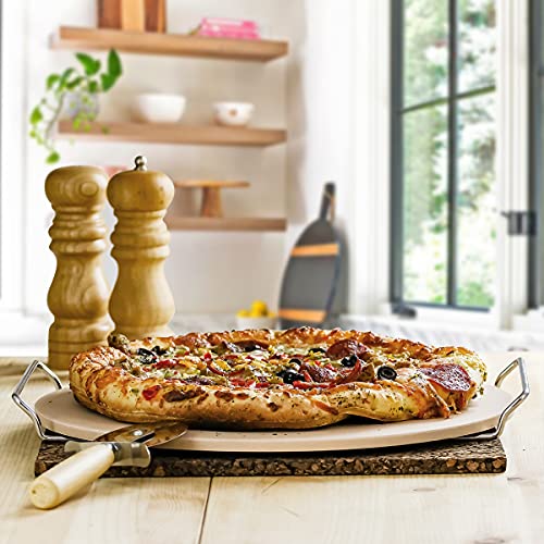 OVENTE Ceramic Flat 13 Inch Pizza Stone Set with Crust Cutter Wheel & Metal Rack/Handle, Compact Easy Storage Portable Baking Grilling Stone Thermal Shock Resistance for Oven Grill BBQ, Beige BW10132