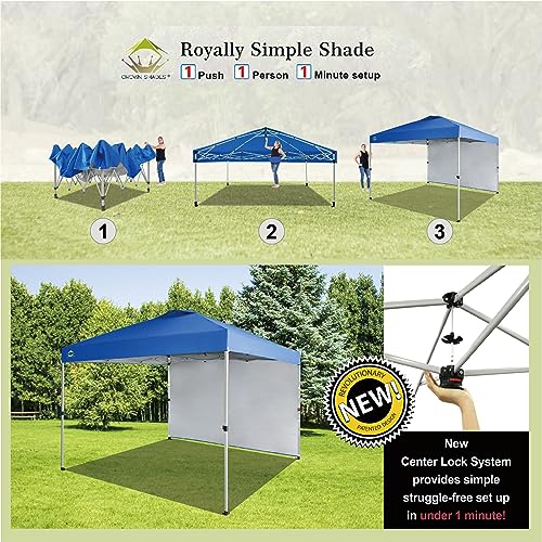 CROWN SHADES 10x10 Canopy Tent with Sidewalls, Patented One Push Pop Up Canopy with STO-N-Go Cover Bag, Outdoor Canopy with 4 Sand Bags, Blue