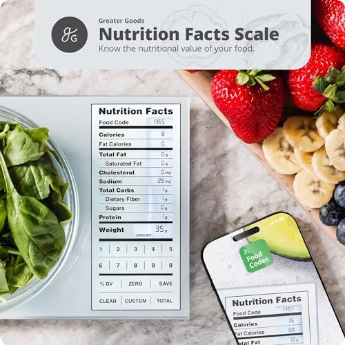 Greater Goods Nutrition Scale, Food Grade Glass, Calorie Counting Scale, Meal Prep Scale, and Weight Loss Scale, Designed in St. Louis, Silver