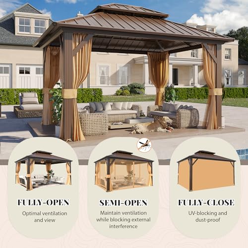 YOLENY 10' x 12' Hardtop Gazebo, Metal Gazebo with Aluminum Frame, Double Galvanized Steel Roof, Curtains and Netting Included, Pergolas for Patios, Garden, Parties, Lawns