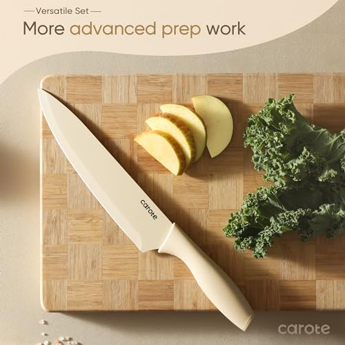 CAROTE 12 Pieces Kitchen Knife Set, Stainless Steel Knife Set With Nonstick Ceramic Coating, Dishwasher Safe with 6 Blade Guards, Rustproof, Brown