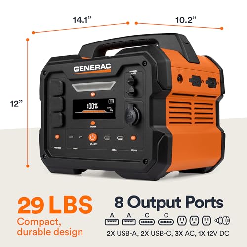 Generac GB1000 1086Wh Portable Power Station with Lithium-Ion NMC - Clean, Emission-Free Power - Fast Solar Charging and Compact Design - Wireless Charging Pad for Camping, RV, Indoor/Outdoor Use