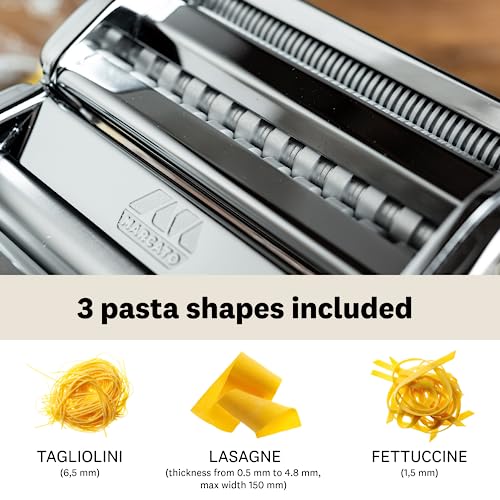 MARCATO Made in Italy Atlas 150 Classic Manual Pasta Maker Machine, Chrome Steel. Makes Lasagna, Fettuccine & Tagliolini .