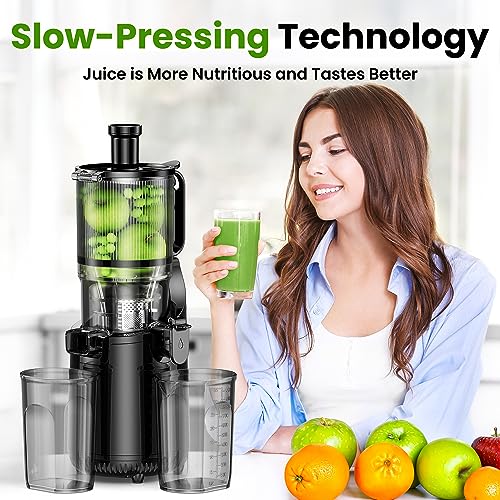 Cold Press Juicer, Amumu Slow Masticating Machines with 5.3" Extra Large Feed Chute Fit Whole Fruits & Vegetables Easy Clean Self Feeding Effortless for Batch Juicing, High Juice Yield, BPA Free 250W