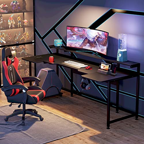 Tribesigns 74.8 Inch Gaming Desk, Extra Long U Shaped Computer Desk with Monitor Stand Shelf and CPU Stand, Black Gamer Desk for Home Office, Gaming