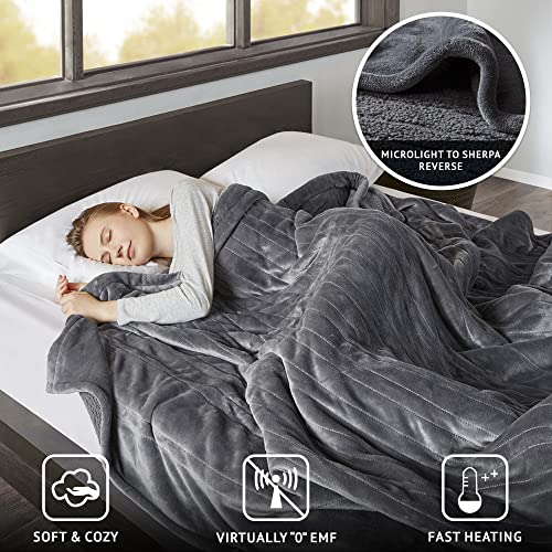 Beautyrest Heated Blanket, Eletric Blanket, Soft, Warm, Reversible Plush - Sherpa Heating Blanket with 20 Heat Settings, 1-10 hrs Timer Auto Shut Off, Machine Washable, King (90 inx100 in), Grey