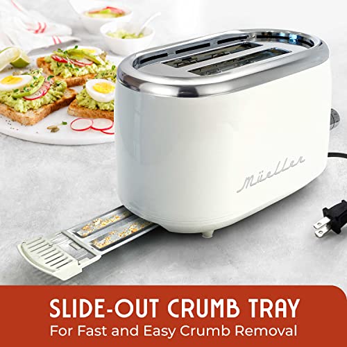 Mueller Retro Toaster 2 Slice with 7 Browning Levels and 3 Functions: Reheat, Defrost & Cancel, Stainless Steel Features, Removable Crumb Tray, Under Base Cord Storage, White