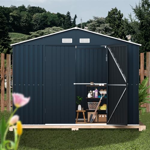 MistMo 10X12X7.5 FT Outdoor Steel Storage Shed with Lockable Doors, 2 Windows, Transparent Roof Panels (Wood Panels & Frame Floor Not Included), Ideal for Garden, Backyard, Patio Storage