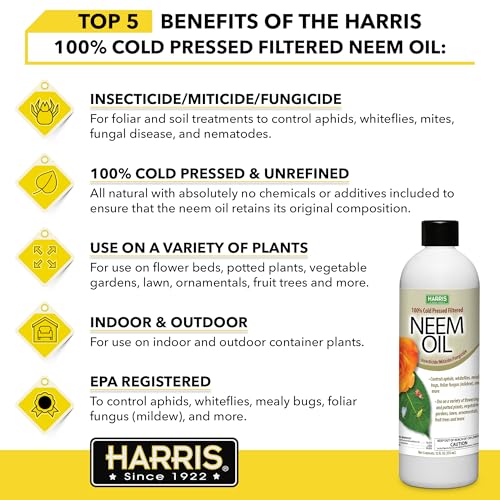 HARRIS Neem Oil, 100% Cold Pressed and Unrefined Concentrate for Plant Spray, High Azadirachtin Content, 12 Ounce for Aphids, Whiteflies, Mealy Bugs and More