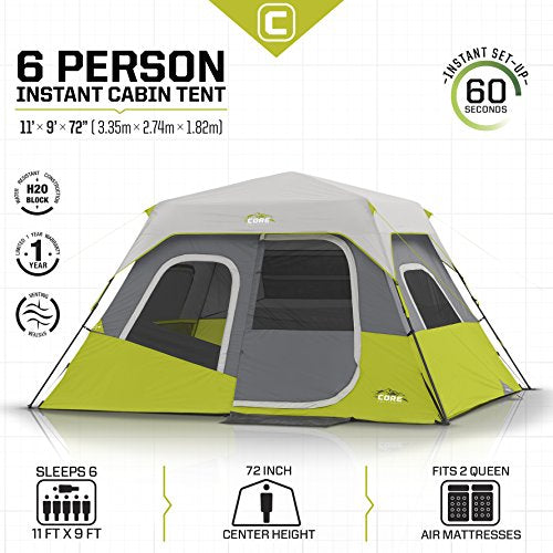 CORE 6 Person Instant Cabin Tent | Pop Up Tent with Easy 60 Second Camp Setup for Family Camping | Included Hanging Organizer for Outdoor Camp Accessories | Portable Tent for Camping with Carry Bag