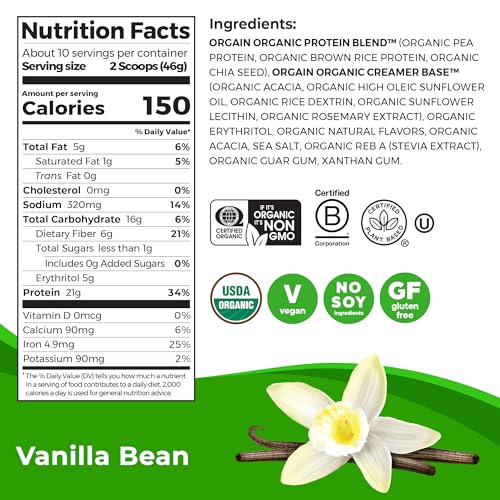 Orgain Organic Vegan Protein Powder, Vanilla Bean - 21g Plant Protein, 6g Prebiotic Fiber, No Lactose Ingredients, No Added Sugar, Non-GMO, For Shakes & Smoothies, 2.03 lb (Packaging May Vary)