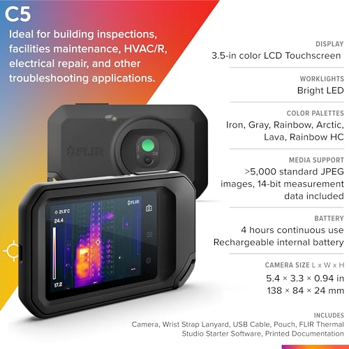 FLIR C5 Compact Thermal Imaging Camera with Wifi: High Resolution Infrared Imager for Inspection, Electrical/Mechanical, Building, and HVAC Applications