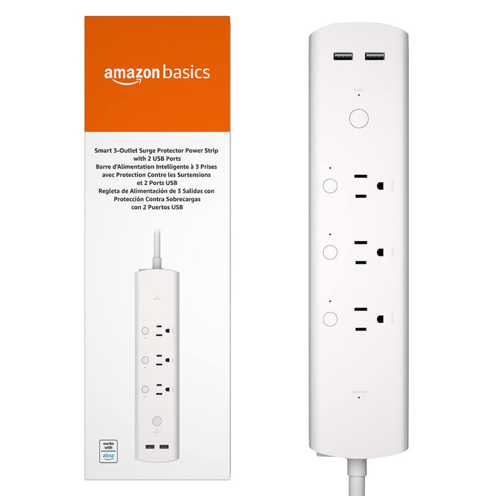 Amazon Basics Rectangular Smart Plug Power Strip, Surge Protector with 3 Individually Controlled Smart Outlets and 2 USB Ports, 2.4 GHz Wi-Fi, Works with Alexa, White, 11.02 x 2.56 x 1.38 in