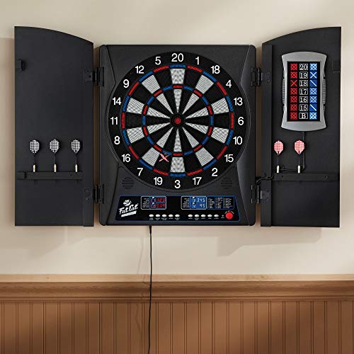 Fat Cat Mercury Electronic Dartboard, Built In Cabinet Doors With Integrated Scoreboard, Dart Storage For 6 Darts, Dual Display In Two Colors, Compact Target Face For Fast Play