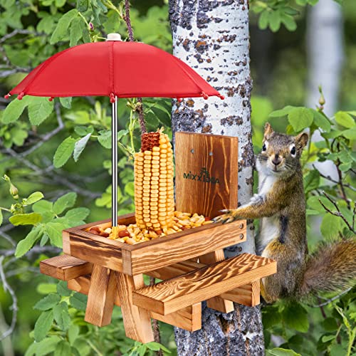 MIXXIDEA Wooden Squirrel Feeder Table with Umbrella, Squirrel Picnic Table for Outside, Brown Squirrel Feeder with Corn Cob Holder Cute Chipmunk Feeder (Red Umbrella)